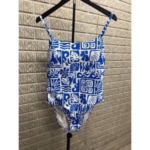 Walmart Cobalt Blue Tropical Geometric Ribbed One Piece Swimsuit Large 12-14 NEW